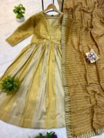 Gold Color Viscose Banarasi Silk Fabric Embroidery Work Gown