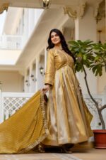 Gold Color Viscose Banarasi Silk Fabric Embroidery Work Gown