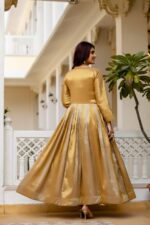 Gold Color Viscose Banarasi Silk Fabric Embroidery Work Gown