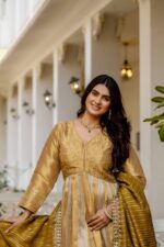 Gold Color Viscose Banarasi Silk Fabric Embroidery Work Gown