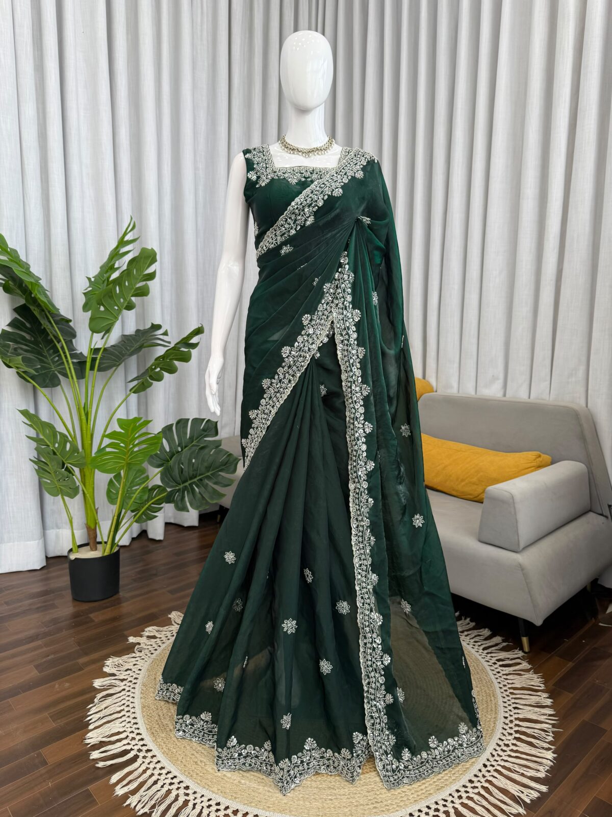 Green Color Fendi Silk Fabric Sequence With Bead Work Saree