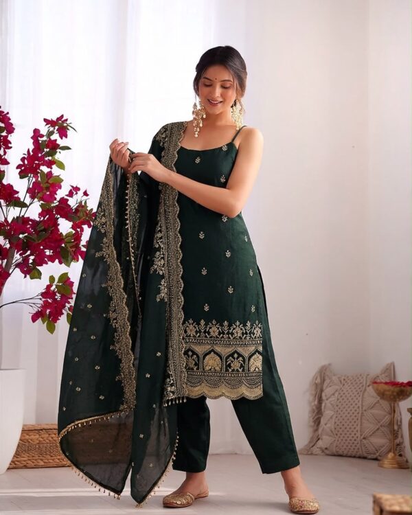 Green Color Fendi Silk Fabric Thread With Sequence Work Suit