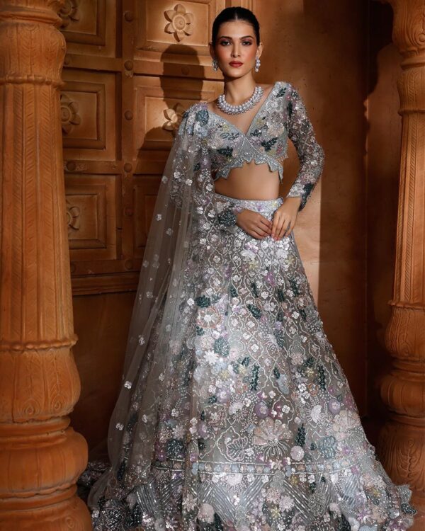 Grey Color Butterfly Soft Net Fabric Multi Thread Embroidery Sequence Work Lehenga