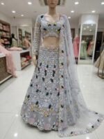 Grey Color Butterfly Soft Net Fabric Multi Thread Embroidery Sequence Work Lehenga