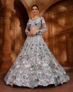 Grey Color Butterfly Soft Net Fabric Multi Thread Embroidery Sequence Work Lehenga