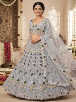 Grey Color Butterfly Soft Net Fabric Multi Thread Embroidery Sequence Work Lehenga