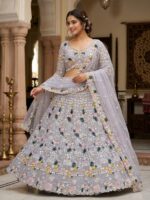 Grey Color Butterfly Soft Net Fabric Multi Thread Embroidery Sequence Work Lehenga