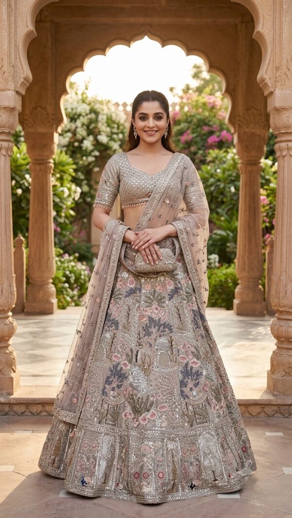 Grey Color Kasturi Silk Fabric Thread With Sequence Work Lehenga