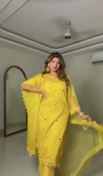 Haldi Special Yellow Color Soft Nylon Organza Fabric Thread Work Shrug Set