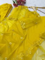 Haldi Special Yellow Color Soft Nylon Organza Fabric Thread Work Shrug Set