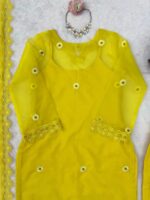 Haldi Special Yellow Color Soft Nylon Organza Fabric Thread Work Shrug Set