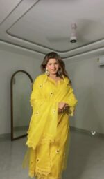 Haldi Special Yellow Color Soft Nylon Organza Fabric Thread Work Shrug Set