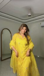 Haldi Special Yellow Color Soft Nylon Organza Fabric Thread Work Shrug Set