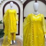 Haldi Special Yellow Color Soft Nylon Organza Fabric Thread Work Shrug Set