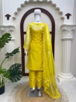 Haldi Special Yellow Color Soft Nylon Organza Fabric Thread Work Shrug Set