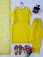 Haldi Special Yellow Color Soft Nylon Organza Fabric Thread Work Shrug Set