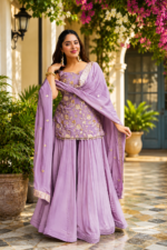 Lavender Color Diamond Silk Fabric Sequence With Jari Work Sharara Suit