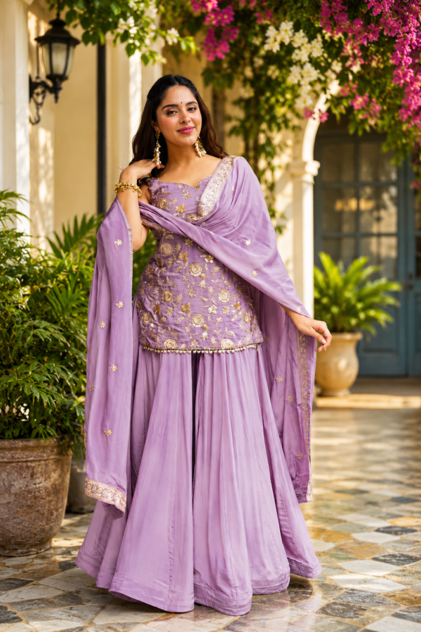 Lavender Color Diamond Silk Fabric Sequence With Jari Work Sharara Suit