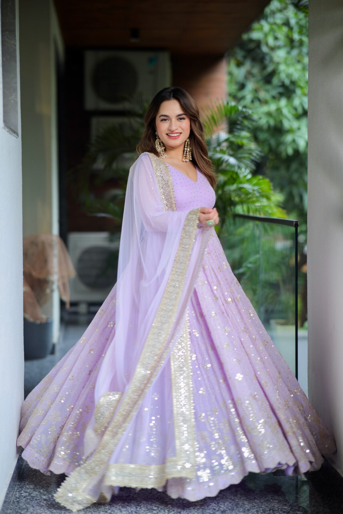 Lavender Color Faux Blooming Fabric Foil Work With Sequence Jari Embroidery Work Anarkali Suit