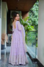 Lavender Color Faux Blooming Fabric Foil Work With Sequence Jari Embroidery Work Anarkali Suit