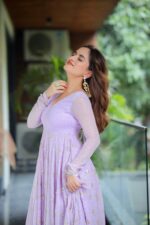 Lavender Color Faux Blooming Fabric Foil Work With Sequence Jari Embroidery Work Anarkali Suit