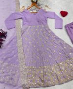 Lavender Color Faux Blooming Fabric Foil Work With Sequence Jari Embroidery Work Anarkali Suit