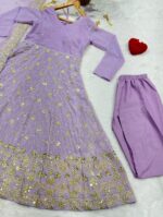 Lavender Color Faux Blooming Fabric Foil Work With Sequence Jari Embroidery Work Anarkali Suit