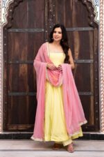 Lemon Yellow Color Faux Georgette Fabric Fancy Lace Work Anarkali Suit