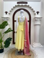 Lemon Yellow Color Faux Georgette Fabric Fancy Lace Work Anarkali Suit