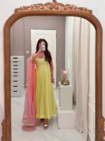 Lemon Yellow Color Faux Georgette Fabric Fancy Lace Work Anarkali Suit