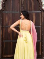 Lemon Yellow Color Faux Georgette Fabric Fancy Lace Work Anarkali Suit