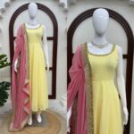 Lemon Yellow Color Faux Georgette Fabric Fancy Lace Work Anarkali Suit