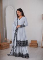 Light Grey Color Faux Georgette Fabric Thread Work Palazzo Suit