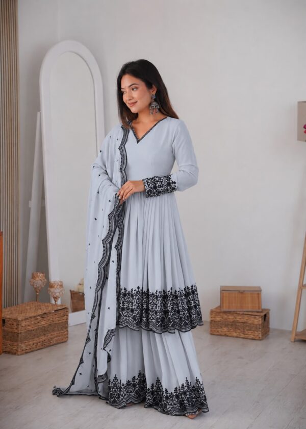 Light Grey Color Faux Georgette Fabric Thread Work Palazzo Suit