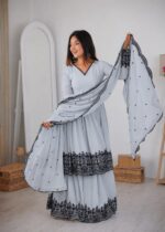 Light Grey Color Faux Georgette Fabric Thread Work Palazzo Suit