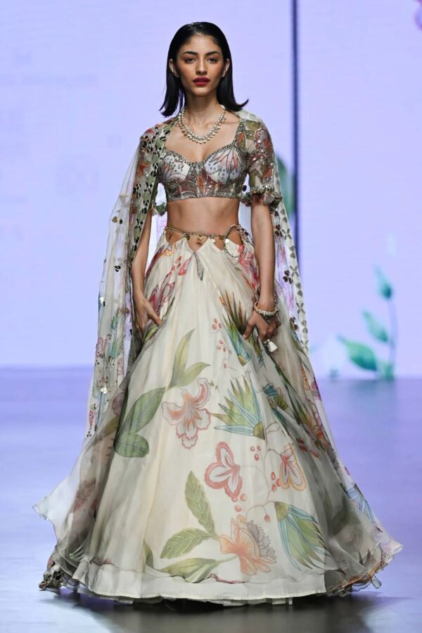 Light Peach Color Tabby Silk Fabric Hand Work With Floral Print Work Lehenga