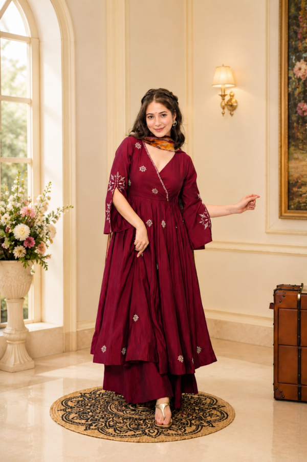 Maroon Color Rayon Cotton Fabric Jari Thread Embroidery Work Palazzo Suit