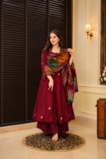 Maroon Color Rayon Cotton Fabric Jari Thread Embroidery Work Palazzo Suit