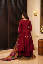 Maroon Color Rayon Cotton Fabric Jari Thread Embroidery Work Palazzo Suit
