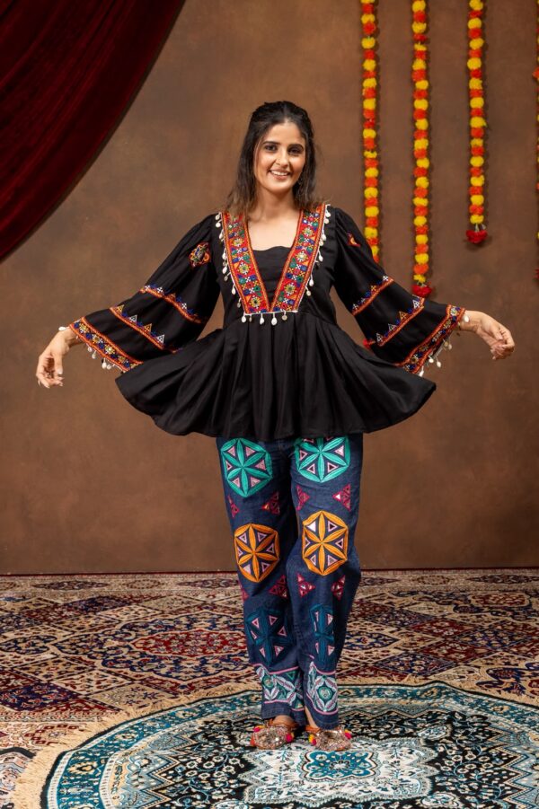 Navratri Special Black Color Pure Rayon Fabric Real Mirror Work Kediya Jeans Set