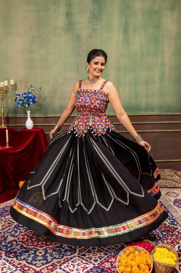 Navratri Special Black Color Rayon Fabric Color Full Fancy Border Work Lehenga