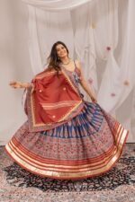 Navratri Special Blue Color Natural Crepe Fabric Digital Ajrakh Print Work With Mirror Work Lehenga
