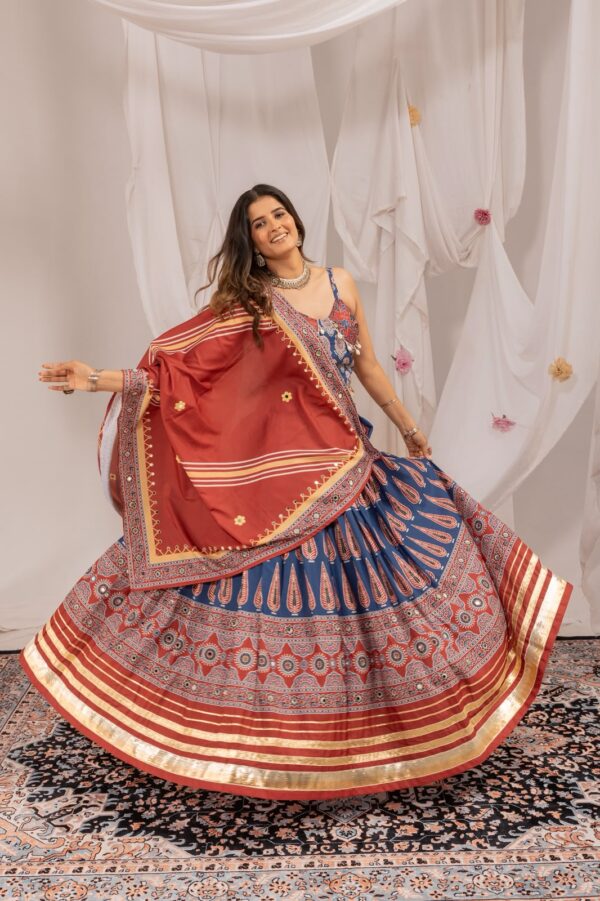 Navratri Special Blue Color Natural Crepe Fabric Digital Ajrakh Print Work With Mirror Work Lehenga
