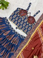 Navratri Special Blue Color Natural Crepe Fabric Digital Ajrakh Print Work With Mirror Work Lehenga