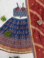 Navratri Special Blue Color Natural Crepe Fabric Digital Ajrakh Print Work With Mirror Work Lehenga