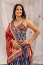 Navratri Special Blue Color Natural Crepe Fabric Digital Ajrakh Print Work With Mirror Work Lehenga