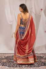 Navratri Special Blue Color Natural Crepe Fabric Digital Ajrakh Print Work With Mirror Work Lehenga
