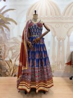 Navratri Special Blue Color Natural Crepe Fabric Digital Ajrakh Print Work With Mirror Work Lehenga
