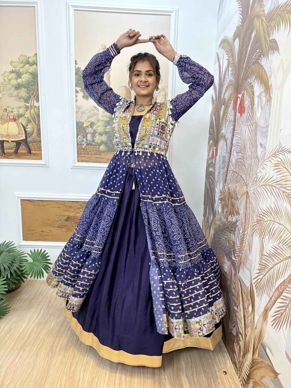 Navratri Special Dark Blue Color Chinon Fabric Print Work Shrug Lehenga Set