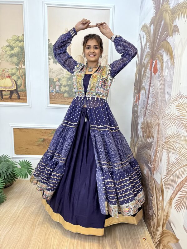 Navratri Special Dark Blue Color Chinon Fabric Print Work Shrug Lehenga Set